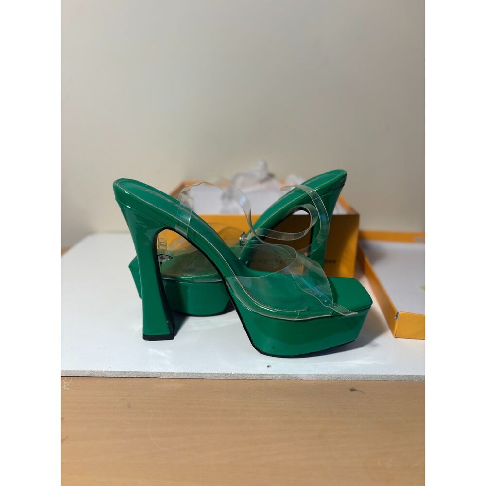 Public Desire Green Patent Platform Heels Clear Strap Size 10